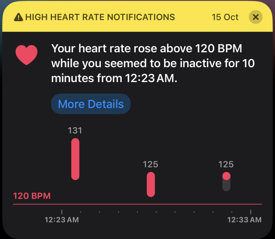 Apple Watch Series 12 Review - Health First, Finally Fun - 43 High heart rate notification in iPhone Health showing 131, 125 and 125 BPM while inactive