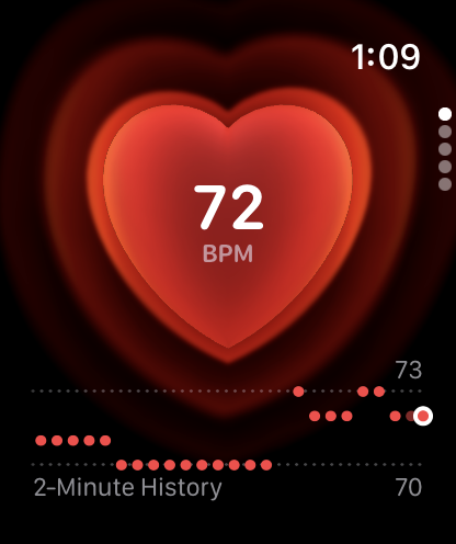 Apple Watch Series 12 Review - Health First, Finally Fun - 44 Apple Watch Series 12 live heart rate of 72 BPM with a 2-minute history