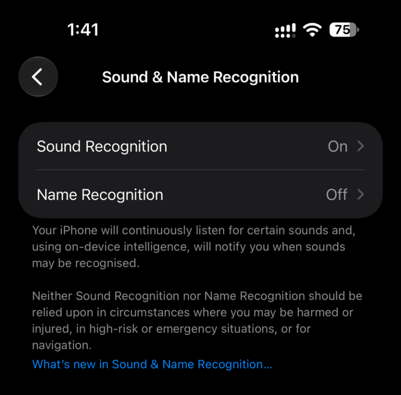 Apple Watch Series 12 Review - Health First, Finally Fun - 54 iPhone Sound and Name Recognition settings with the on-screen reliability disclaimer