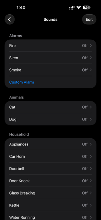 Apple Watch Series 12 Review - Health First, Finally Fun - 52 iPhone Sound Recognition list of sounds, all set to Off, used with Apple Watch Series 12