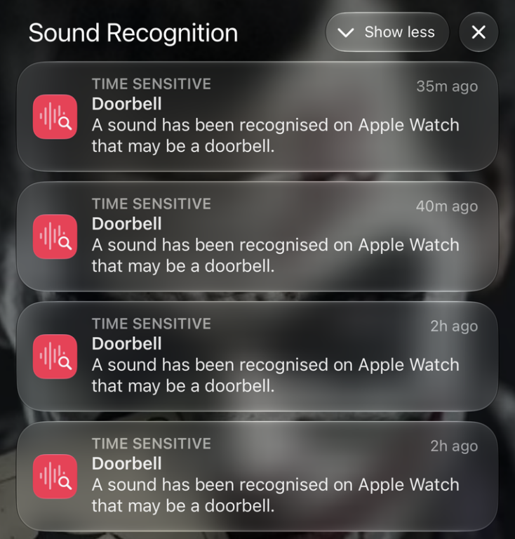 Apple Watch Series 12 Review - Health First, Finally Fun - 60 iPhone showing four Sound Recognition doorbell alerts from Apple Watch that were false alarms