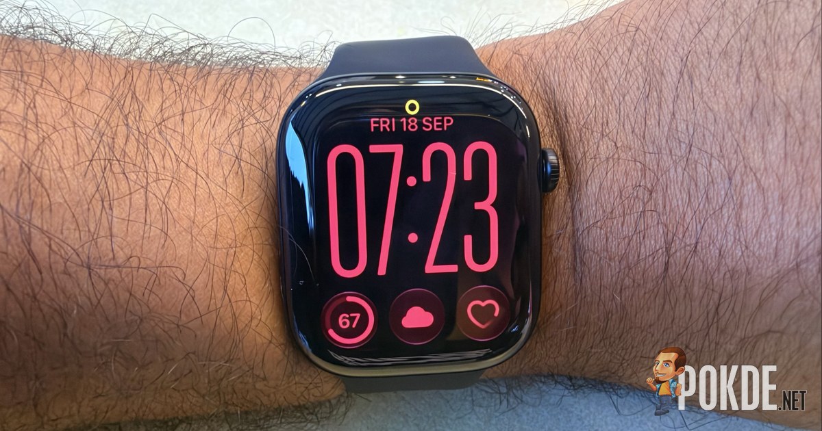 Apple Watch Series 12 on the wrist showing the Siri Modular watch face in red